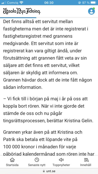 Skärmdump av artikel från Upsala Nya Tidning om fastighetsservitut, juridiska tvister och ekonomiska påföljder för oregistrerade avtal.