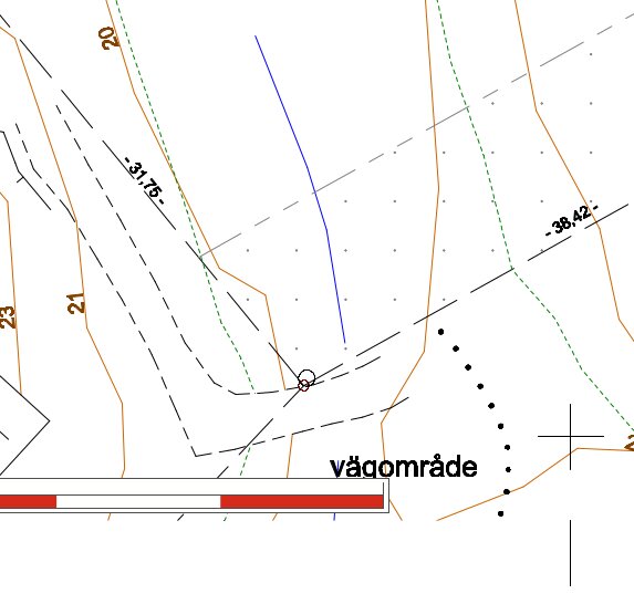 Karta över vägområde med markerade vägar: nuvarande väg i blått, planerad men ej byggd väg i rött enligt byggnadsplan från 1974.