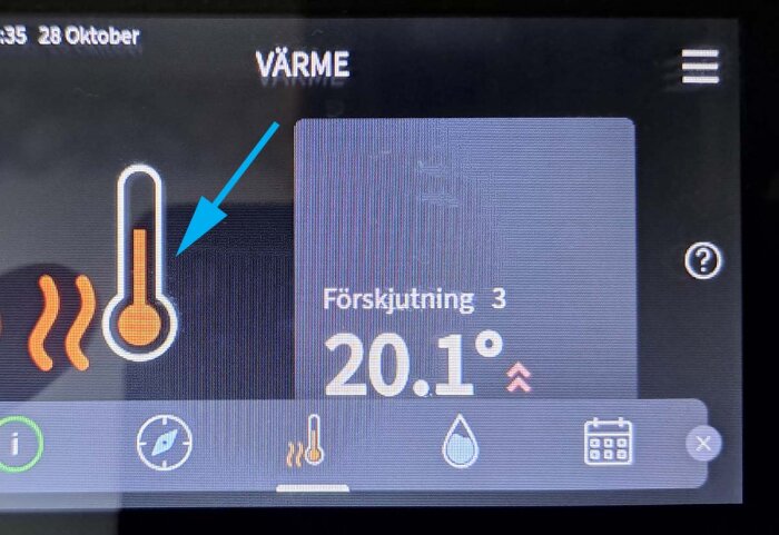 Termometerikon med röd nivå och blå pil på en digital display, visar temperaturen 20,1 grader och värmeinställning på VVM325.