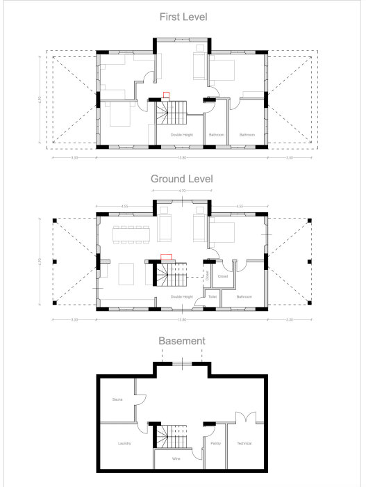 Byggnadsritningar av ett nytt hus med våningsplan för övervåning, bottenvåning och källare, inklusive rum som bastu och tvättstuga.