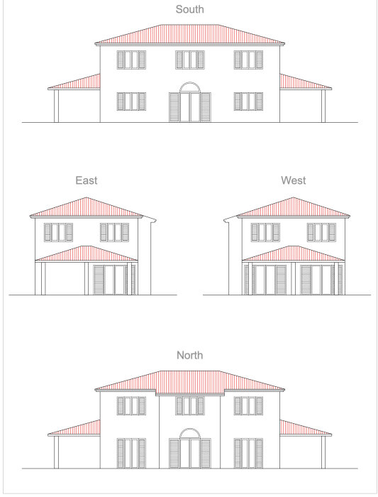 Ritningar av ett nytt hus med fasadvy från söder, öster, väster och norr, visar en tvåvåningsbyggnad med rött tak och många fönster.