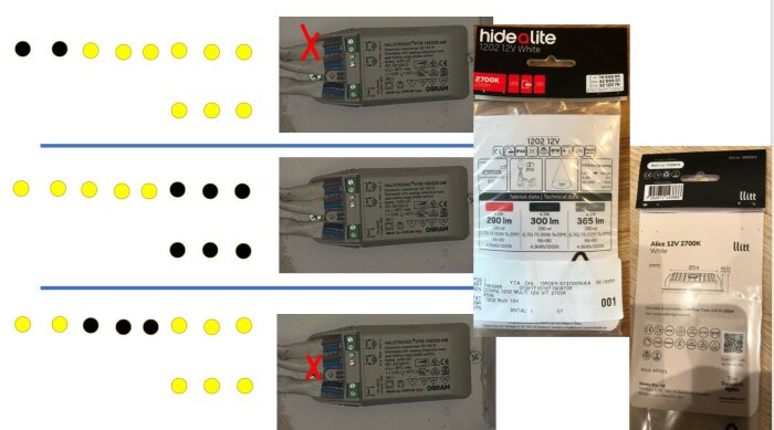 Tre elinstallationsdiagram med Osram transformatorer och ljuskällor från Hide-a-lite och Iitt, visar olika kopplingsalternativ.