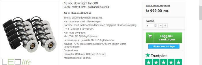 Pack med 10 matta vita downlights Inno88, GU10 sockel, IP44, godkända för isolering, monteringshöjd 68 mm, diameter 88 mm, pivoterar 30 grader.