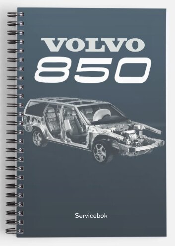 En hemmagjord servicebok för Volvo 850 med en bild av bilens skelett och texten "Servicebok" på framsidan.