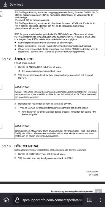 En manualtext som beskriver ändring av kod och hantering av dörrcentral, med steg-för-steg-instruktioner.