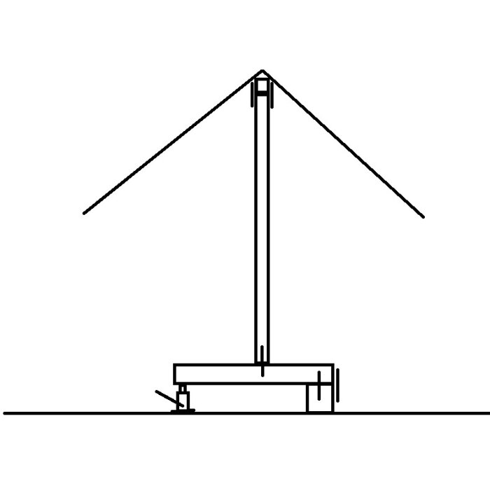 Diagram av en konstruktion med en central stolpe och staglinor som illustrerar avväxling för ökad kraft och stadga.