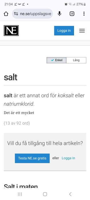 Skärmdump från NE.se som förklarar att salt är ett annat ord för koksalt eller natriumklorid, med inloggningsprompt.