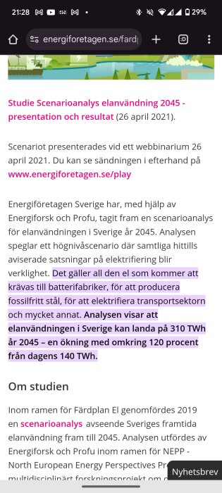 Sida från energiforetagen.se om scenarioanalys av elanvändning år 2045, med text om förväntad ökning till 310 TWh.