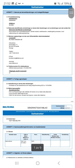 Säkerhetsdatablad för salttabletter från Biltema, innehåller produktinformation, användningsområden, och säkerhetsåtgärder.