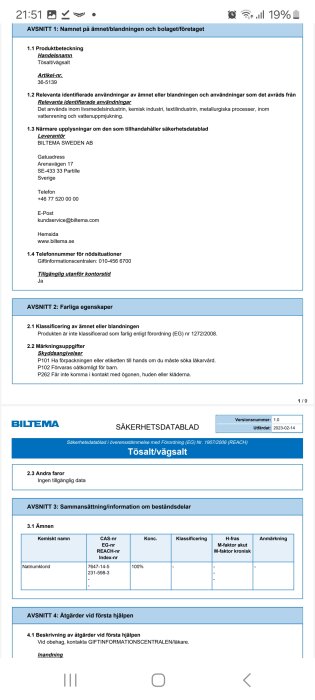 Säkerhetsdatablad för tö- och vägsalt från Biltema med produkt- och säkerhetsinformation, kontaktuppgifter och första hjälpen-råd.