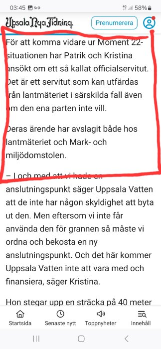 Artikel från Uppsala Nya Tidning om servitutsärende och beslut från lantmäteriet och mark- och miljödomstolen, markerad med röd penna.