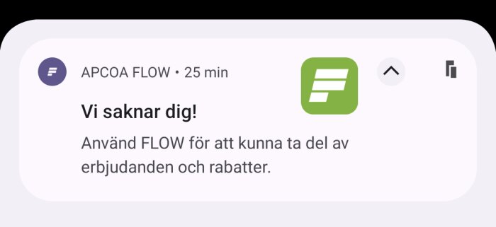 Notis från APCOA FLOW-app som säger "Vi saknar dig!" samt erbjuder användaren att ta del av erbjudanden och rabatter.