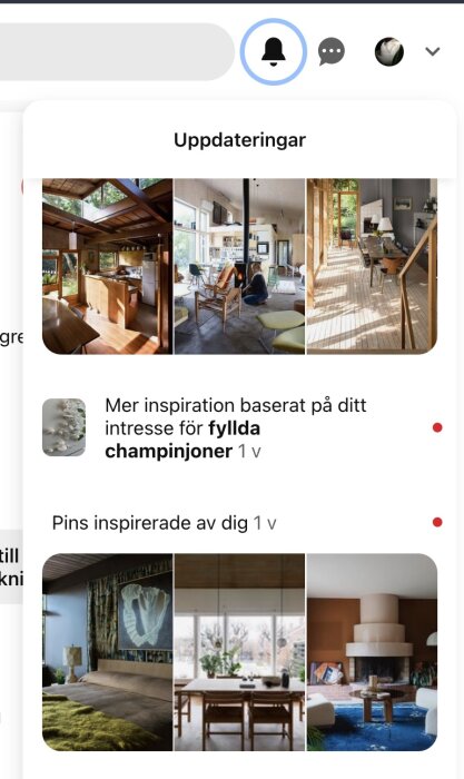 Pinterest-uppdatering med bilder av inredningsidéer och text om intresse för fyllda champinjoner.