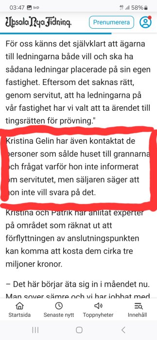 Tidningsartikel i Upsala Nya Tidning som handlar om en konflikt kring servituträttigheter på en fastighet, med viss text markerad i rött.