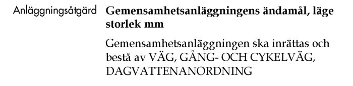 Text från Lantmäteriet: "Gemensamhetsanläggningen ska inrättas och bestå av VÄG, GÅNG- OCH CYKELVÄG, DAGVATTENANORDNING".