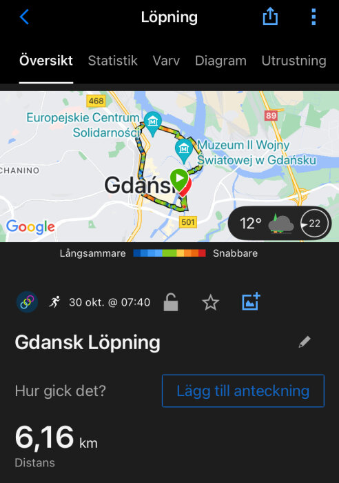 Löprunda i Gdańsk på 6,16 km, genom kartvy i app med ruttens hastighetsfärger. Datum: 30 okt, klockslag: 07:40, temperatur: 12°C, molnigt.