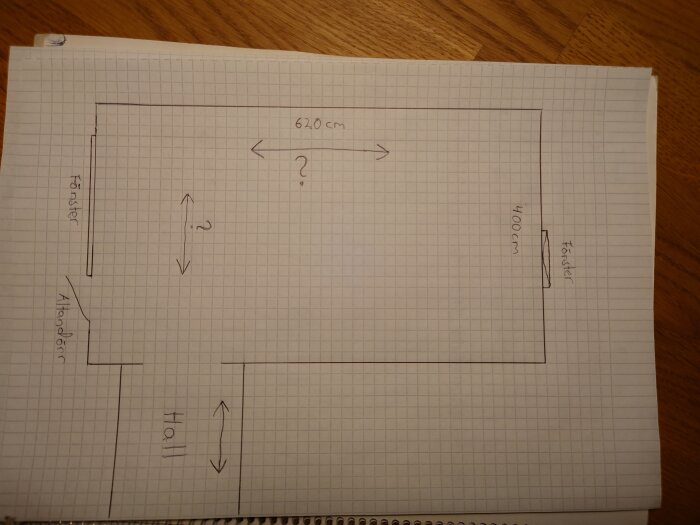 Skiss av vardagsrum och hall på rutat papper med måttangivelser 620 cm och 400 cm, pilar som visar riktningar och markerade fönster.