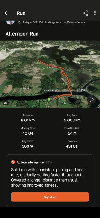 Karta över löprunda nära Borlänge med statistik: 8,01 km, 5:00/km snittfart, 54 m höjdstigning, 451 kalorier förbrända, 40:04 min aktiv tid.