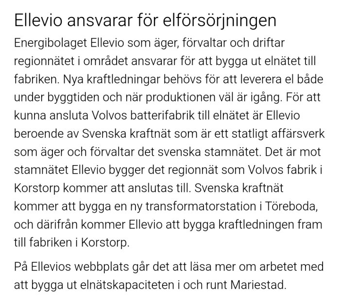 Text som beskriver Ellevios ansvar för att ansluta Volvos batterifabrik till elnätet och bygga ut regionnät i området.