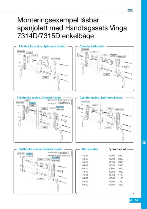 Instruktionsbild för montering av låsbar spanjolett med handtagssats Vinga 7314D/7315D, visar olika installationsalternativ och komponenter.