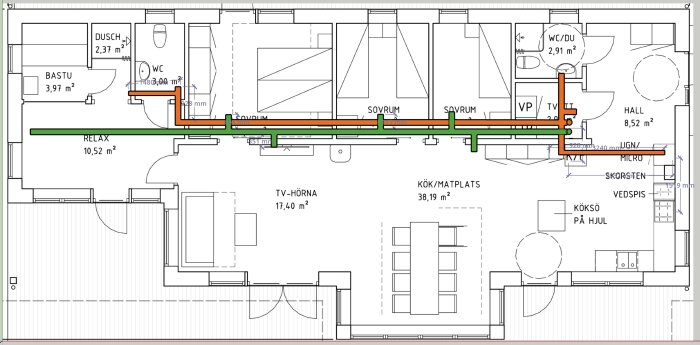 Skiss över ventilationssystem i bostad med till- och frånluftsdragning markerad, visar sovrum, relax, bastu och kök/matplats.