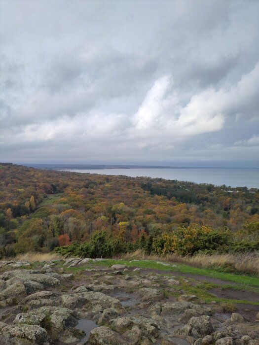 Höstlandskap med skog och sjövy, tagna från en stenig klippa under molnig himmel.