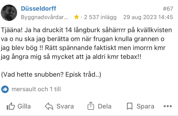 Användargränssnitt av ett diskussionsforum med ett inlägg om att dricka ölkväll med viss kontroversiell text och gilla-markeringar längst ned.