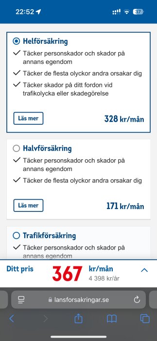 Försäkringsalternativ för hel-, halv- och trafikförsäkring med priser från 171 till 367 kr/mån visas på Länsförsäkringar webbsida.