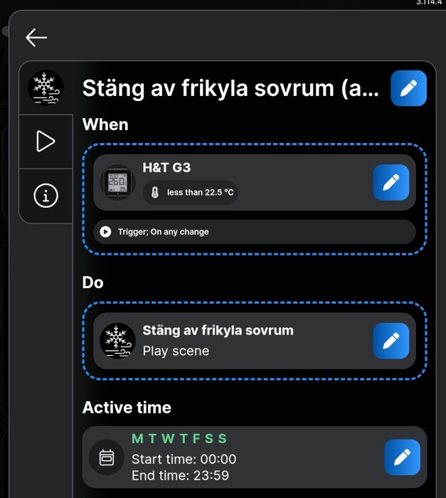 Automation i Shelly-appen för att stänga av frikyla när temperaturen är under 22,5°C, med tidsschema för aktiv tid från 00:00 till 23:59.