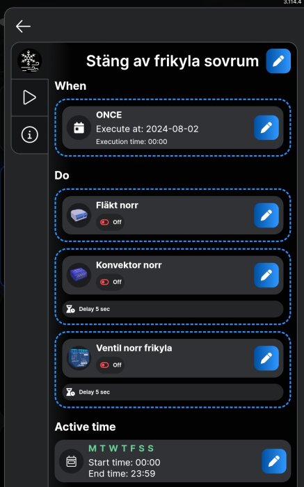 Automationsschema i app för att stänga av frikyla i sovrum; schemalagt datum, tid och enheter som fläkt och konvektor visas, med off-status.