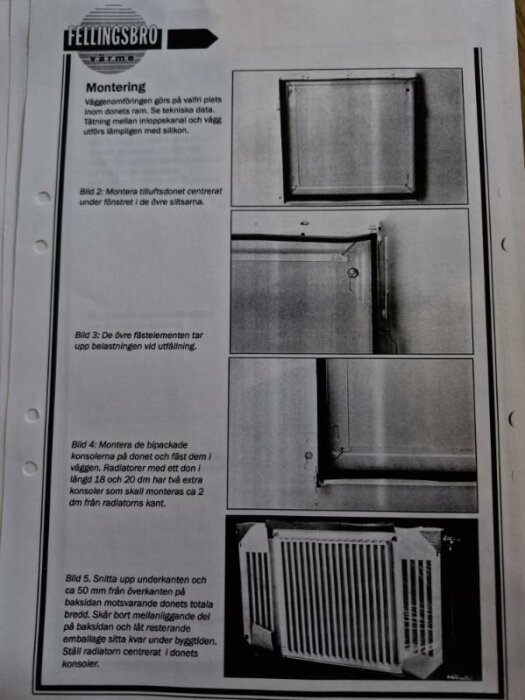 Monteringsanvisningar från Fellingsbro värme för installation av radiator och ventilationsdon på vägg med bilder av fästelement och konsoler.