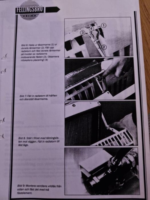 Instruktionsblad om montering av radiator, med logotyp för Fellingsbro värme. Stegvis guide med bilder för att haka ur och installera radiator.