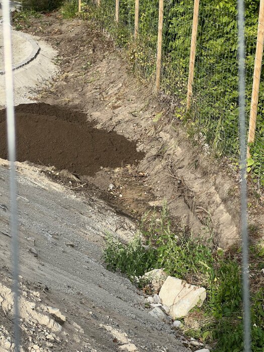 Grävd sluttning med jordpåfyllning längs ett trådstängsel; vegetation och stenar syns i närheten.