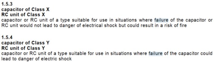 Text som beskriver kondensatorer av klass X och Y och deras användningssituationer för att undvika elektriska chocker och brandrisker.