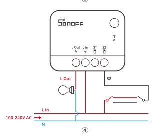 Kopplingsschema för Sonoff ZBMINI, visar anslutning för L In, L Out, och S2 med strömbrytare och lampa inkopplade.