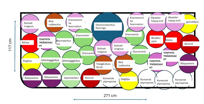Planritning av rabatt med blommor i lila, röd, orange och gul. Innehåller bl.a. solhatt, röd rudbeckia, och daglilja. Mått: 271 cm x 117 cm.