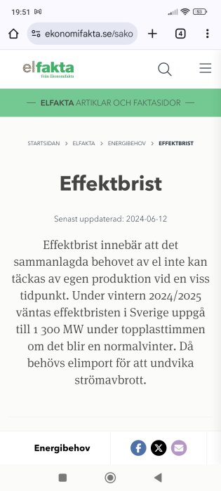 Skärmdump från Ekonomifakta om effektbrist, beskriver elbehov och vinterprognoser 2024/2025 i Sverige.