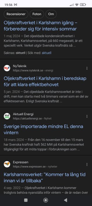 Screenshot av sökresultat för oljekraftverket i Karlshamn med artiklar från Ny Teknik, Aktuell Energi och Expressen.