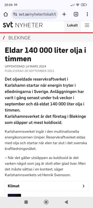 Artikel från SVT Nyheter om Karlshamnsverks oljeförbrukning och koldioxidutsläpp i september 2021.