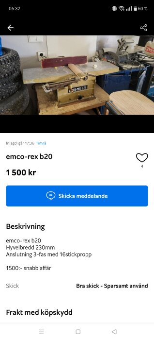 Hyvelmaskin Emco-rex b20 på arbetsbänk, omgiven av verktyg och bildäck, säljes för 1500 kr. Sparsamt använd, 3-fas anslutning.