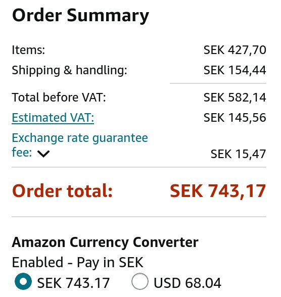 Orderöversikt från Amazon med totalbelopp på SEK 743,17/$68,04 inklusive moms och frakt, med valutakonverterare aktiverad.