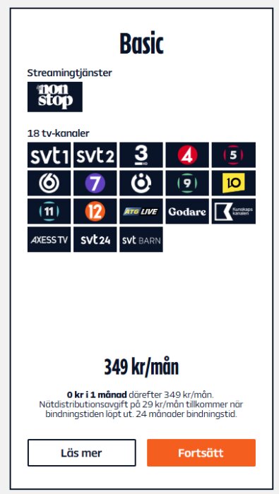 Bild av ett tv-abonnemangspaket "Basic" med 18 kanaler, inklusive SVT1 och SVT2, för 349 kr/mån efter en gratis månad.