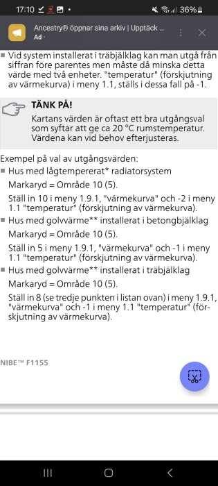 Instruktioner för temperaturjustering och värmekurva på Nibe F1155 värmepump, inkluderar olika inställningar för radiatorsystem och golvvärme.