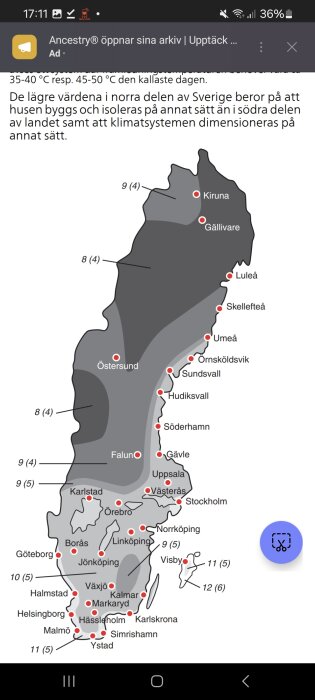 Karta över Sverige med temperaturinställningar för olika städer inritade. Mörkare nyanser i norr och ljusare i söder visar variationszoner.