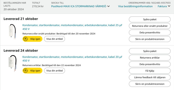 Beställningsöversikt för kondensatorer, 450 V. Leveranser den 21 och 24 oktober 2024, inklusive retur- och spåra alternativ.