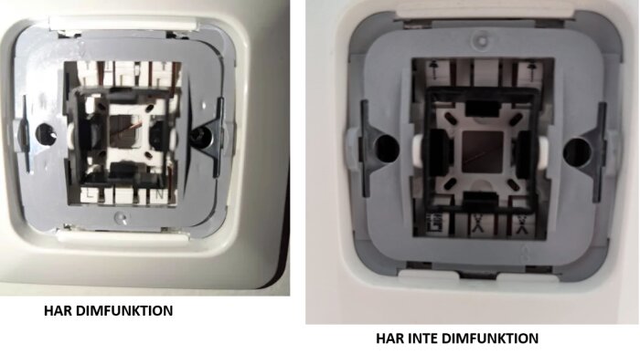 Två strömbrytare, vänster med dimfunktion och höger utan, visas med fokus på mekanismen bakom plastskalet.