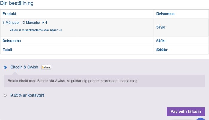Betalningssida för tjänst där betalning sker via Bitcoin och Swish, med specificerad kostnad och möjlighet att välja vuxenkanaler.