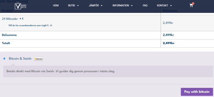 Betalningsalternativ online där bitcoin och Swish erbjuds för köp av IPTV abonnemang. Totalsumma 2499 kr för 24 månader.