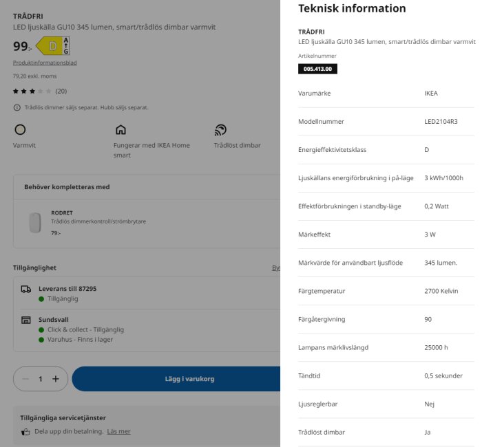 Produktinformation för IKEA Trådfri LED ljuskälla GU10, 345 lumen, smarthus-kompatibel, modellnummer LED2104R3, med standbyförbrukning 0,2W.