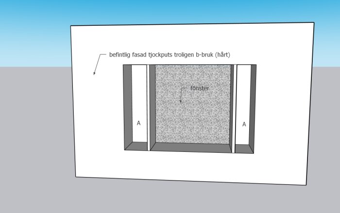 Schema över fasad med tjockputs runt nytt mindre fönster i en före detta syfabrik. Text visar befintlig hårdputs och nya fönsterreglar.